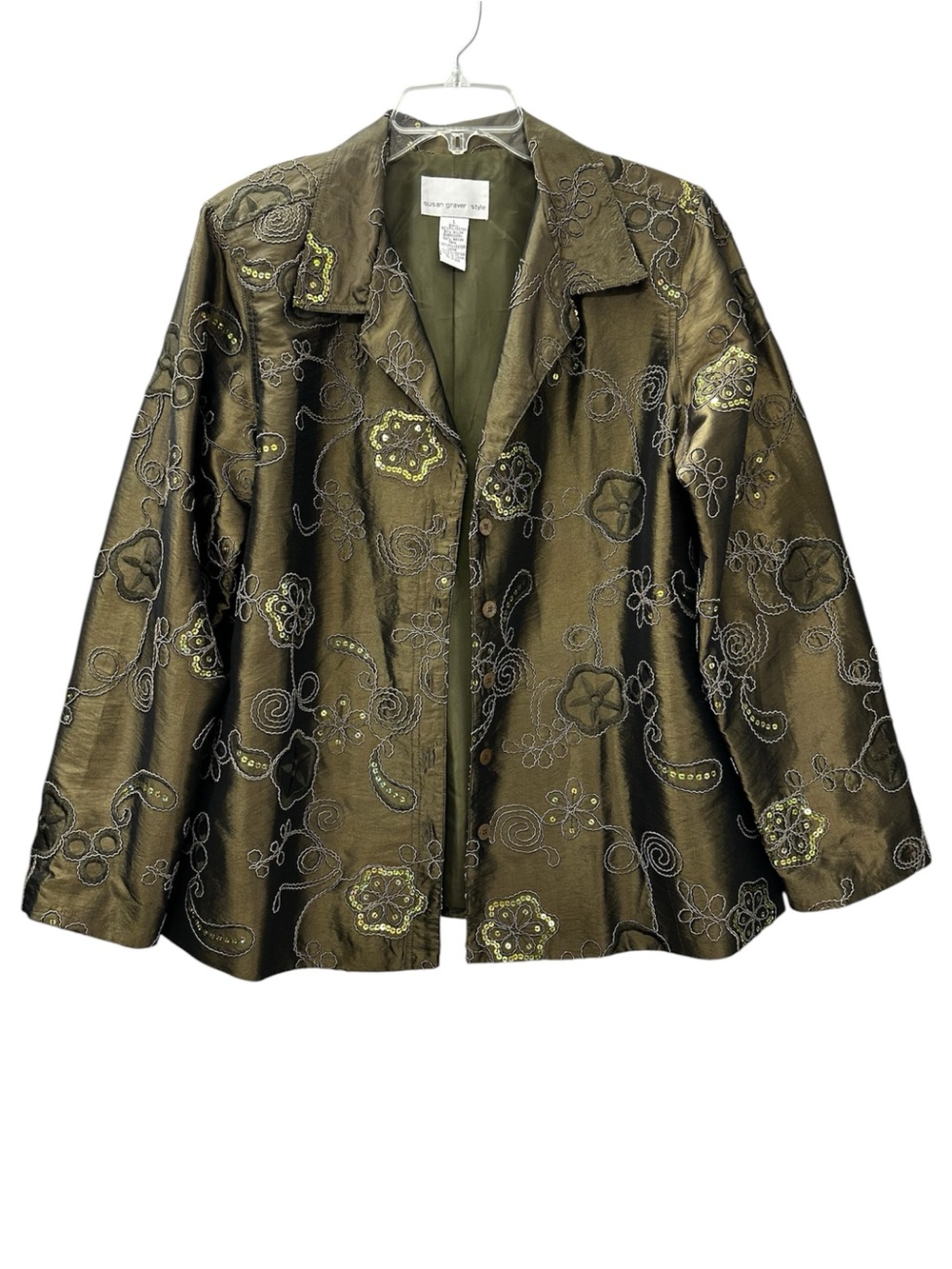 Susan Graver Blazer Jacket Olive Green Taffeta Embroidered Sequins Women’s Large